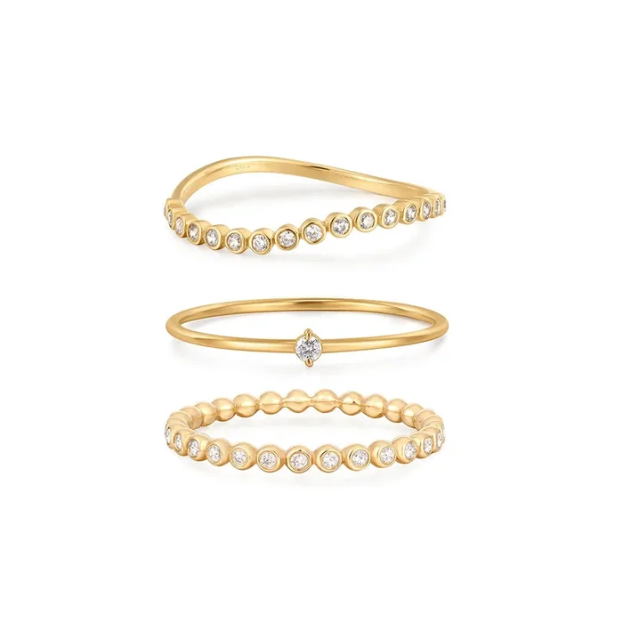 Diamond & Wave & Bead Ring Set