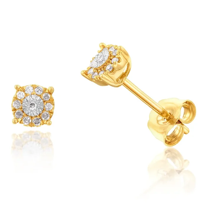 Diamond Halo Stud Earrings in 9ct Yellow Gold