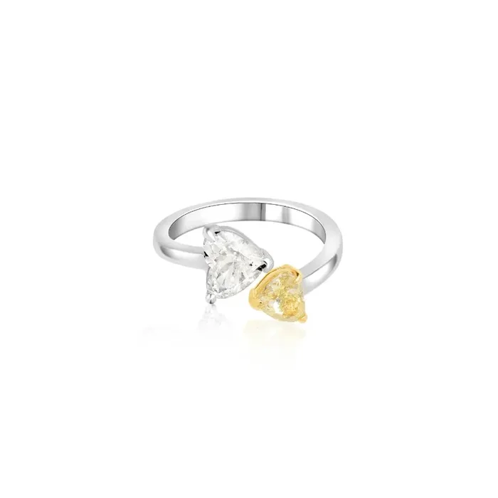 Double Heart Yellow and White Diamond Open Ring