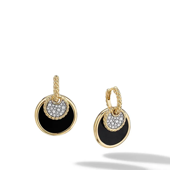 DY Elements® Convertible Drop Earrings in 18K Yellow Gold with Black Onyx Reversible to Mother of Pearl and Diamonds, 21.5mm