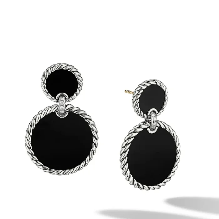 DY Elements® Double Drop Earrings in Sterling Silver with Black Onyx and Diamonds, 33mm