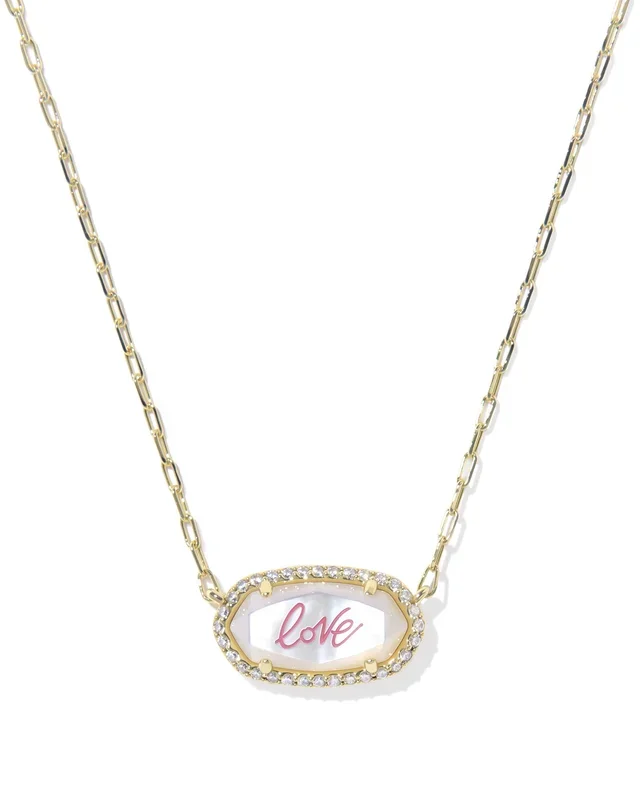 Elisa Pave Frame Short Pendant Necklace in Gold Ivory Mother-Of-Pearl Love Script