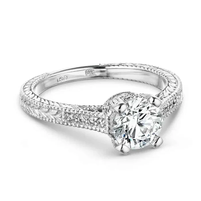 Ella Round Lab Grown Diamond Vintage Antique Crown Side Stone Engagement Ring