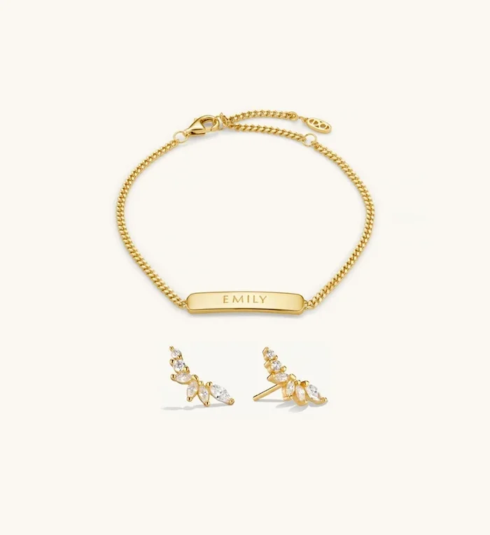Engraved Bracelet & Crystal Climber Earrings Set In Gold