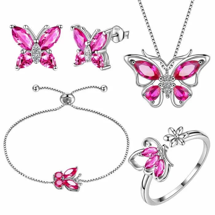 Ensemble de bijoux avec pierre de naissance papillon et rubis de juillet, 5 pièces, cadeau d’anniversaire pour femmes et filles