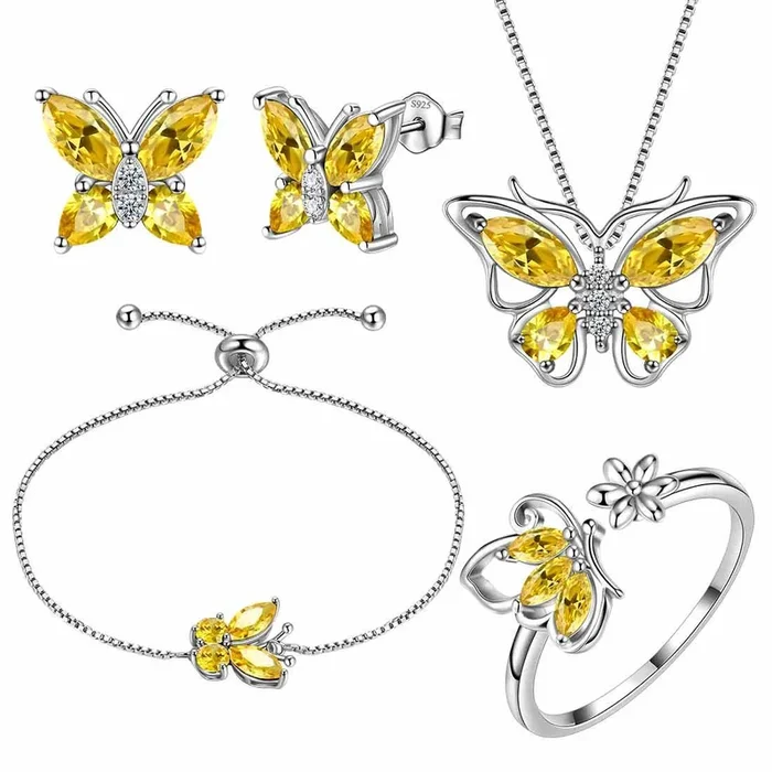 Ensemble de bijoux en Citrine de novembre avec pierre de naissance papillon, 5 pièces, cadeau d’anniversaire pour femmes et filles