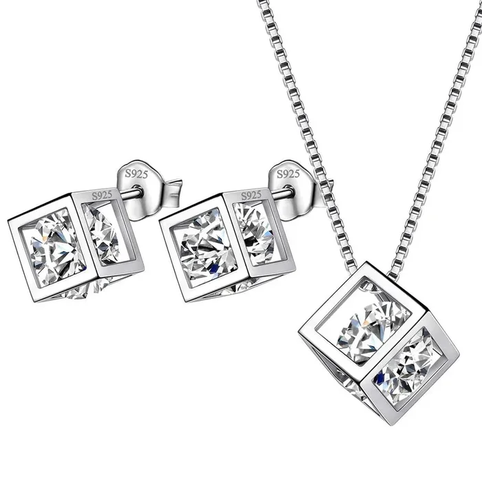 Ensemble de bijoux en diamant avec pierre de naissance Cube 3D, 3 pièces, cadeau d’anniversaire pour femmes et filles