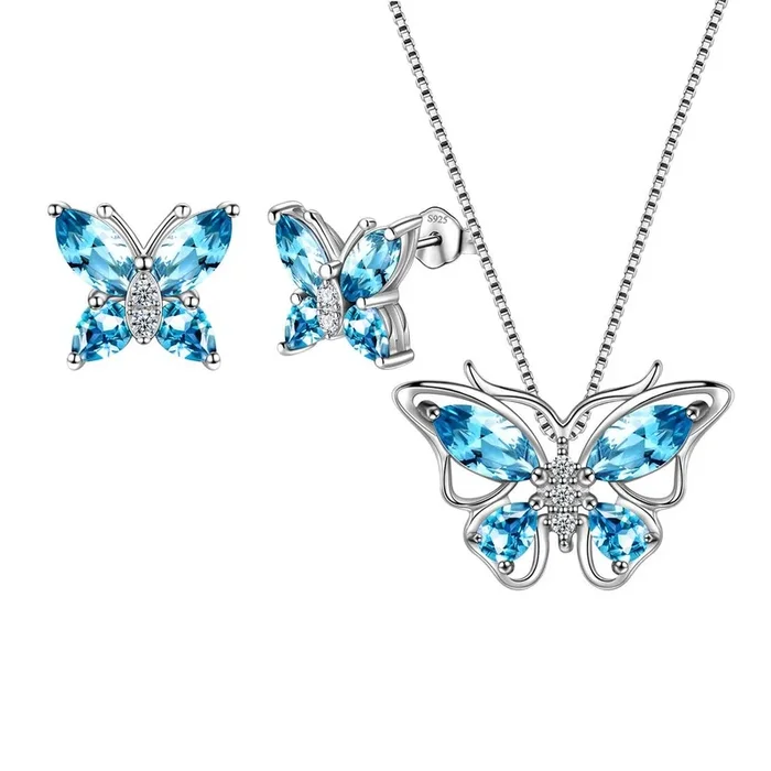 Ensemble de bijoux papillon avec pierre de naissance, aigue-marine de mars, cadeau d’anniversaire pour femmes et filles