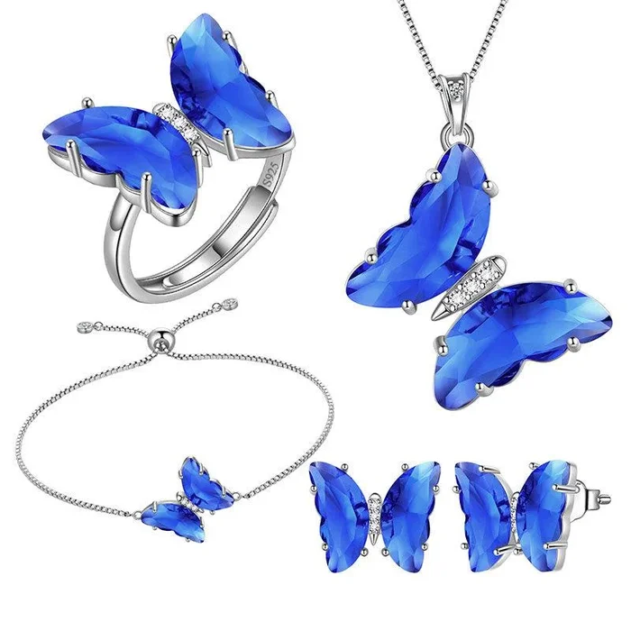Ensemble de bijoux papillon pour femmes, 5 pièces, pierre de naissance, collier, boucles d’oreilles, bague, Bracelet, bijoux pour filles, cadeau d’anniversaire