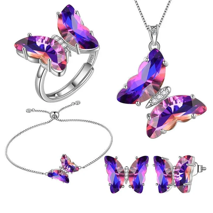 Ensemble de bijoux papillon violet, 5 pièces, pierre de naissance améthyste de février, cadeaux d’anniversaire pour femmes et filles