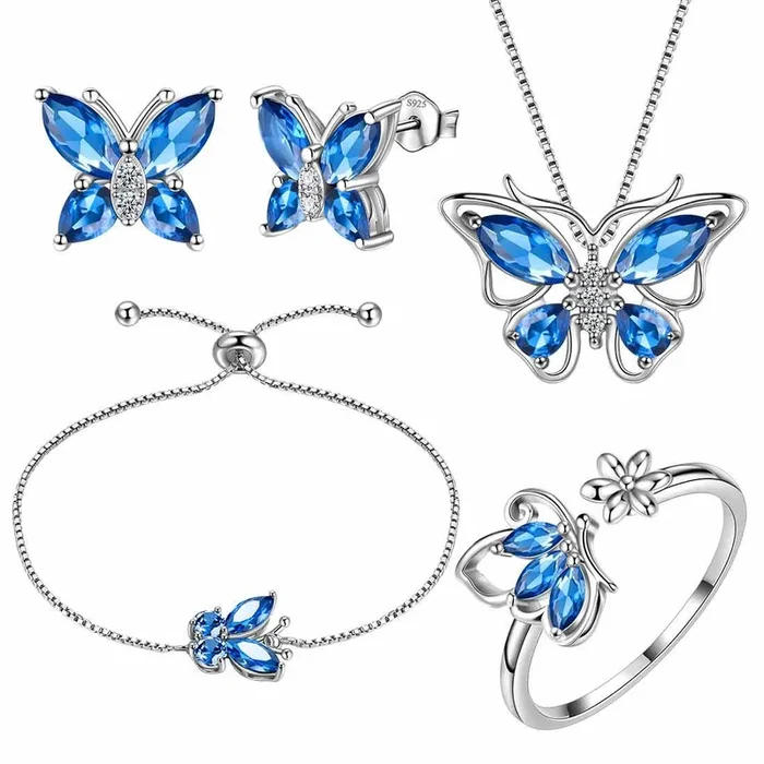 Ensemble de bijoux saphir avec pierre de naissance papillon, 5 pièces, cadeau d’anniversaire pour femmes et filles