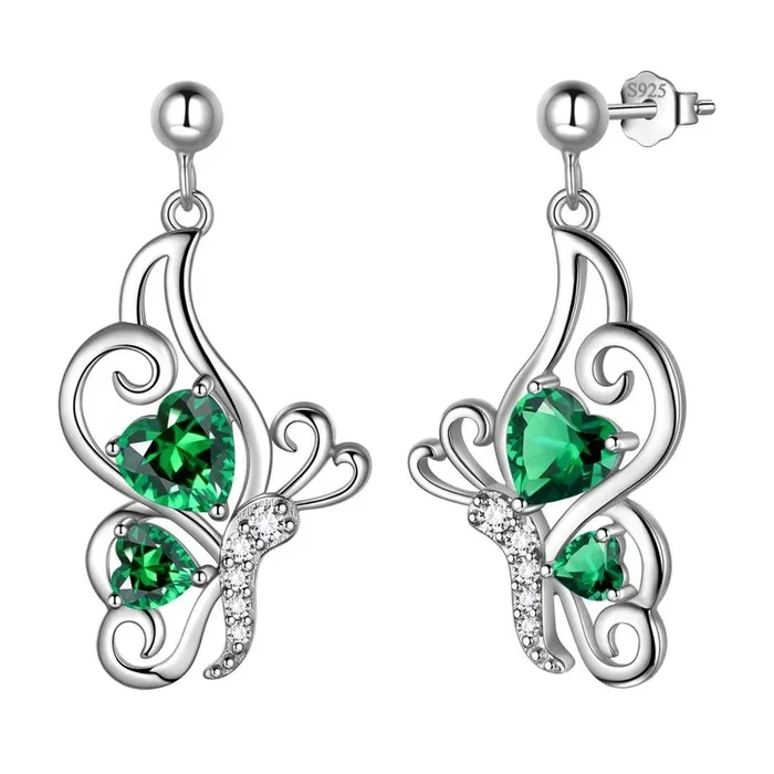 Farfalla Birthstone May Orecchini con smeraldo Donne Ragazze Gioielli Regalo di compleanno Argento sterling