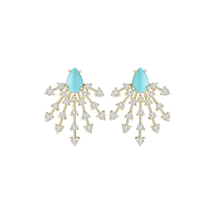 Fireworks Earrings with Turquoise or Emerald and Diamonds in 14K Yellow Gold