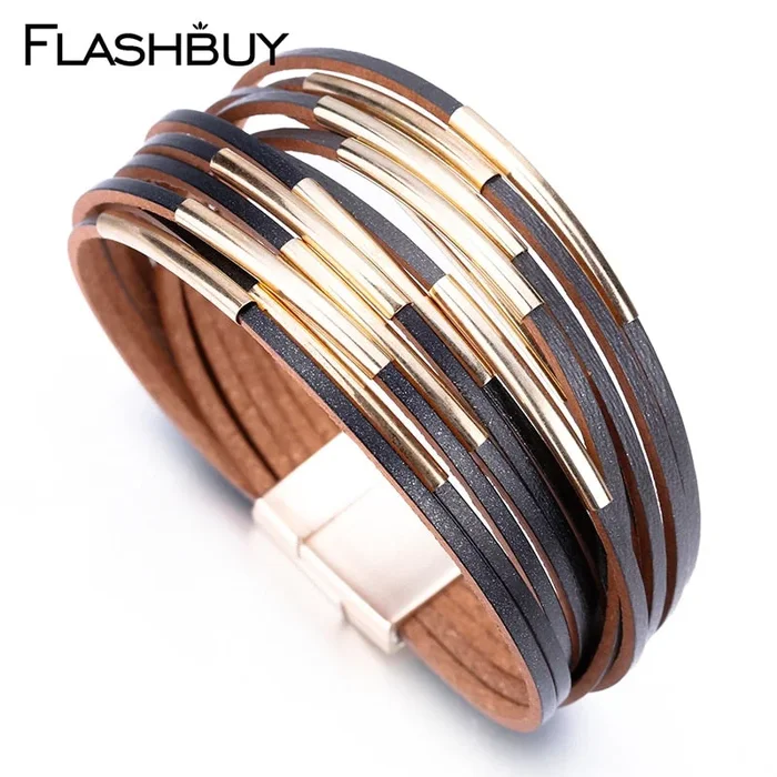 Flashbuy 3 Color Multilayer Casing Bracelet For Women Fashion Jewelry Leather Alloy Charm Round Wrap Bracelets Gift Accessories