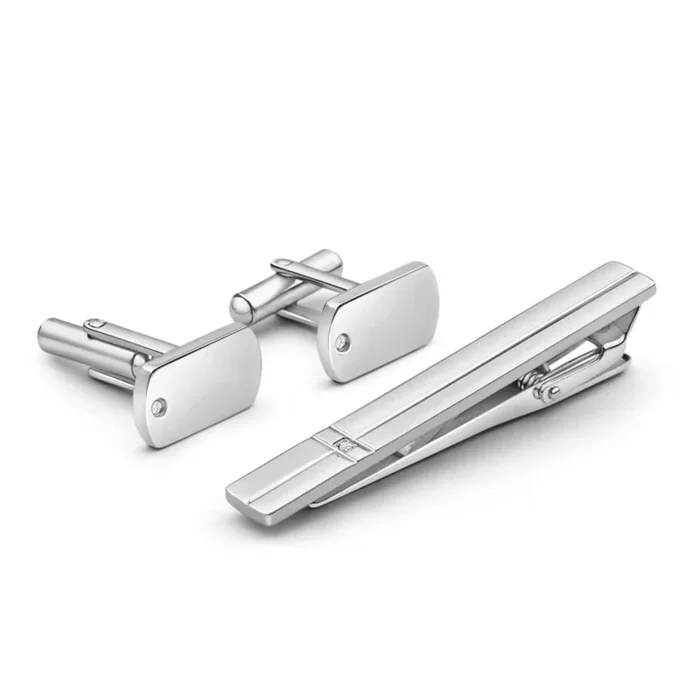 Forte Stainless Steel Cubic Zirconia Tiebar and Cufflink Set
