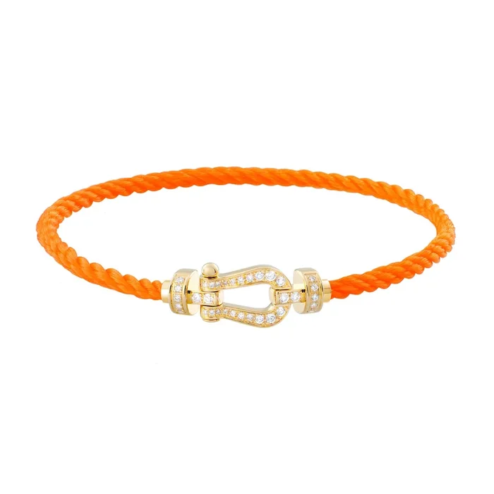 Fred Force 10 bracelet medium model in yellow gold, diamond-paved and fluorescent orange cable – Lepage