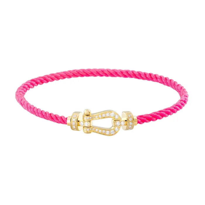 Fred Force 10 bracelet medium model in yellow gold, diamond-paved and fluorescent pink cable – Lepage