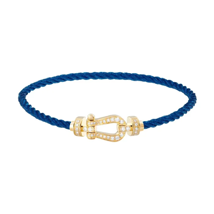 Fred Force 10 bracelet medium model in yellow gold, diamond-paved and jean blue cable – Lepage