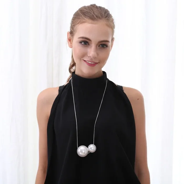 Free Shipping New Double Simple Pearl Pendant Snake Chain Necklace