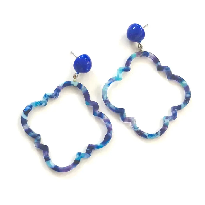 Galaxy Blue Marbled Quatrefoil Earrings
