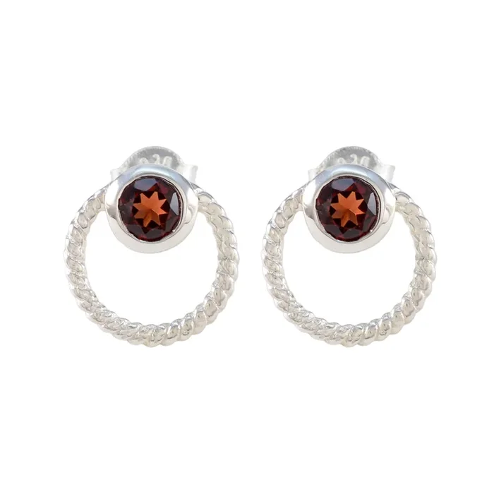 Garnet Middle Eastern Fernanda Solitaire Stud Red Sterling Silver Earring