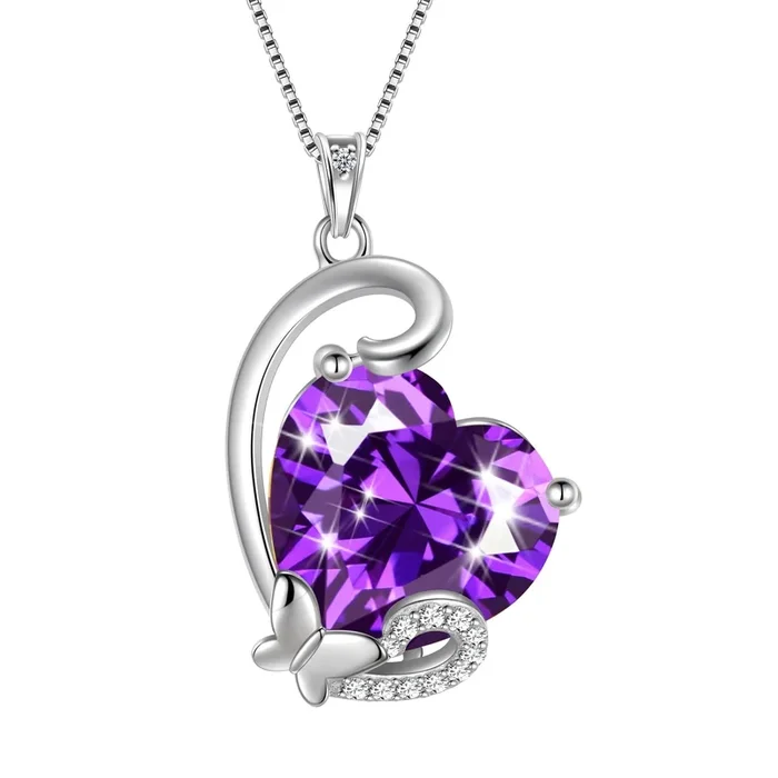 Geburtsstein-Halskette für Februar: Herzanhänger mit Schmetterlingsmotiv, lila Amethyst, 925er Sterlingsilber – das perfekte Geschenk für Frauen, Mütter, zum Geburtstag oder Valentinstag.