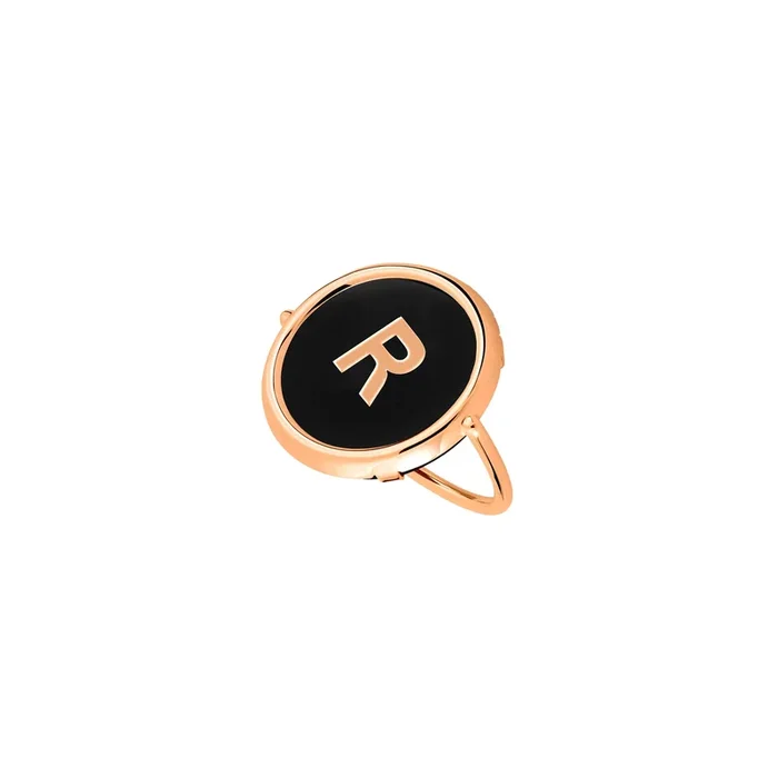 Ginette NY Initial R Disc Ring in rose gold and onyx – Lepage