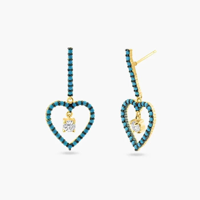 Gold and Black Rhodium Plated 925 Sterling Silver Curved Bar and Dangling Open Heart with Turquoise Beads and CZ – BGE00528