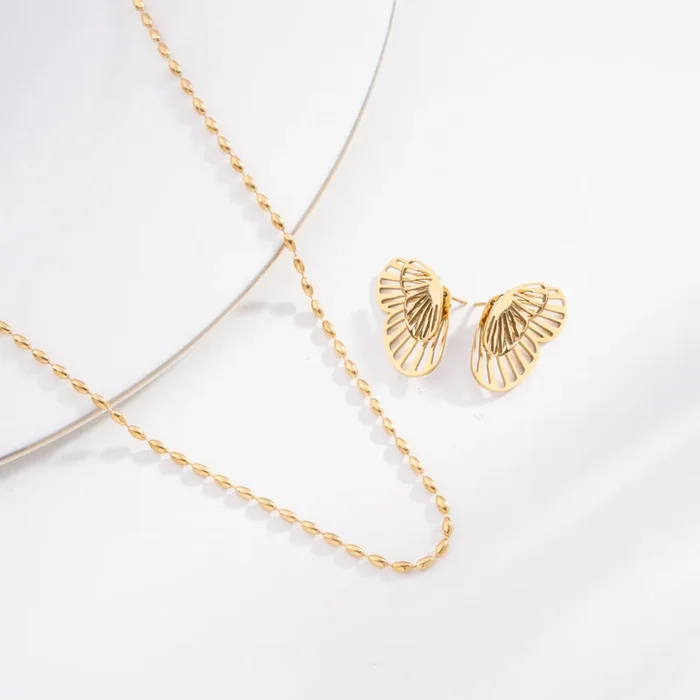 Gold Beaded Necklace & Butterfly Wing Stud Earrings Combo Set