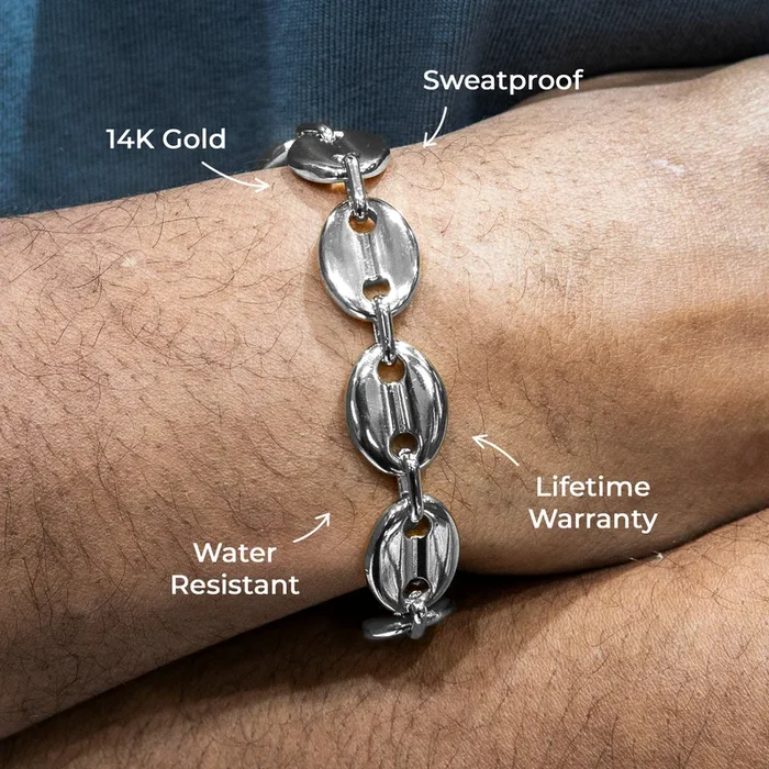 Gold Jewelry – Mens 14K White Gold Puff Bracelet