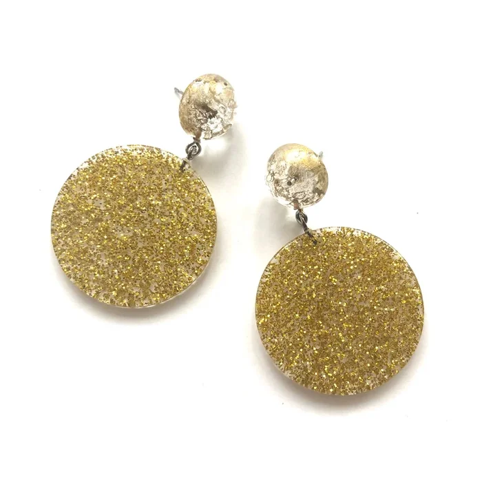 Gold Mercury with Glitter Disc Geo Drop Earrings