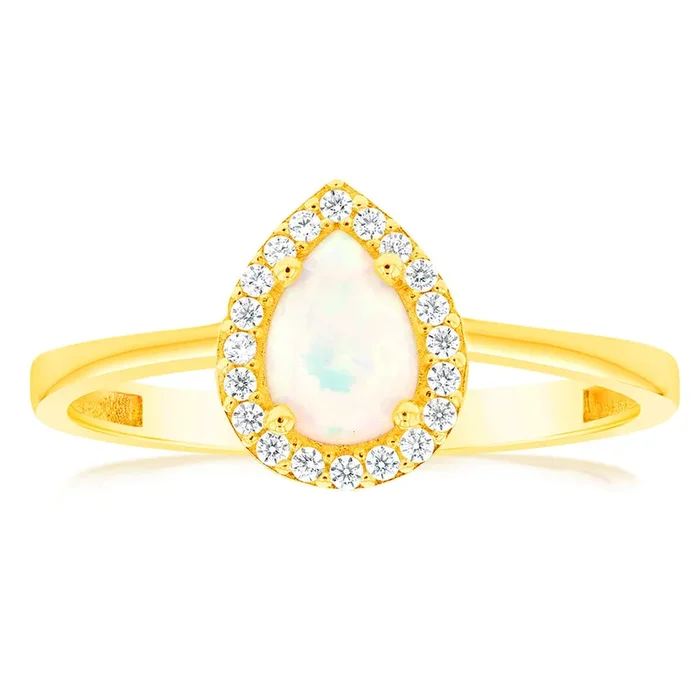 Gold Opal Pear & Zirconia Ring in 9ct Yellow