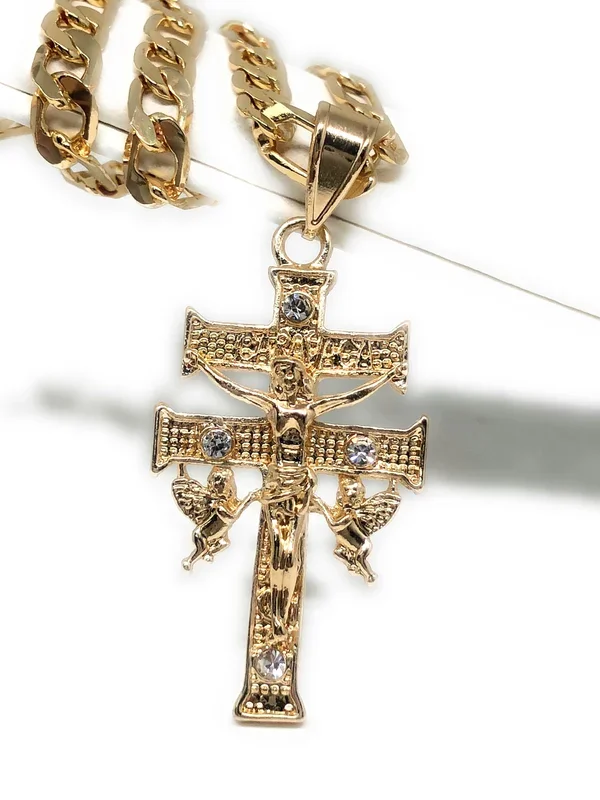 Gold Plate Caravaca Cross Jesus Crucifix 26″ Chain / Caravaca Cruz Crucifijo Cadena Oro Lamindo 26″