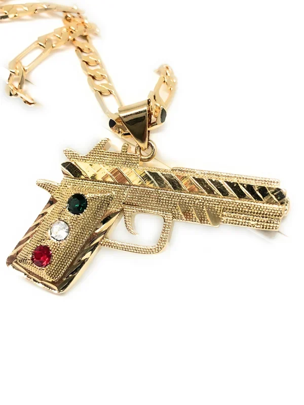 Gold Plated 45 Caliber Gun Pendant Necklace Pistola 45 Calibre Medalla 26″ Figaro Chain 5mm