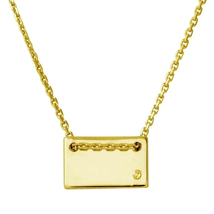 Gold Plated 925 Sterling Silver Engravable Small Rectangle Shaped Necklace with CZ – DIN00077GP