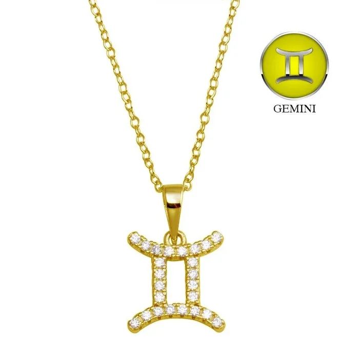 Gold Plated 925 Sterling Silver Gemini CZ Zodiac Sign Necklace – BGP01332GP