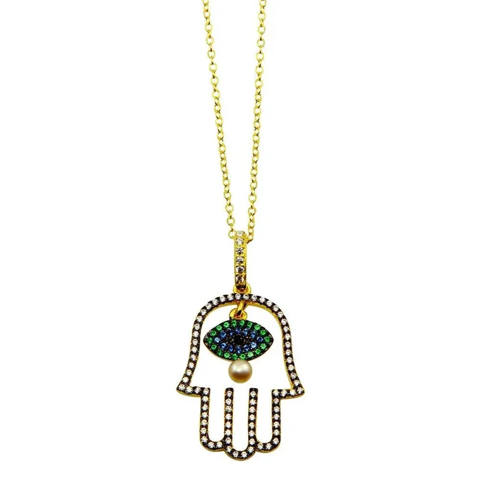 Gold Plated 925 Sterling Silver Hamsa Hand with Multi Color CZ Stones – BGP01246