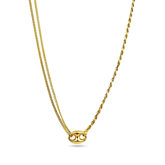 Gold Plated 925 Sterling Silver Puffed Mariner Double Strand Curb and Rope Adjustable Link Necklace – ITN00159-GP