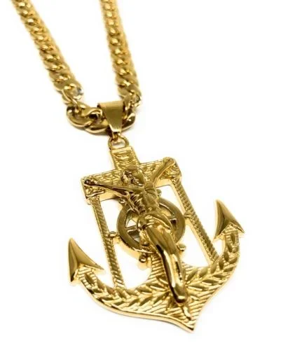 Gold Plated Big Jesus Crucifiix Anchor Pendant Cristo Ancla Crucifijo Cuban Link Chain 30″