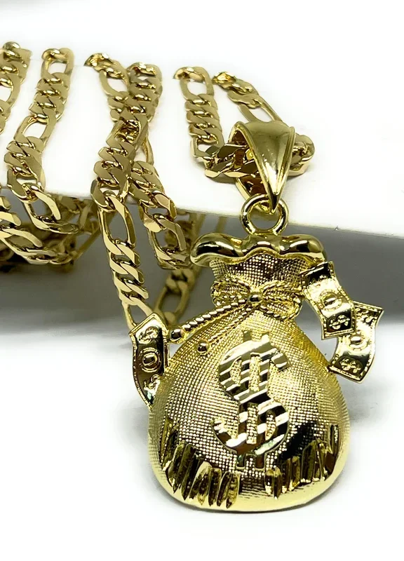 Gold Plated BIG MONEY BAG BILLS HIP HOP Pendant 26″ 5MM FIGARO Chain