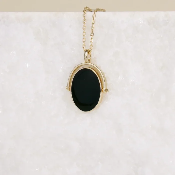Gold-plated black enamel oval Althea pendant to engrave