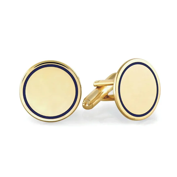 Gold-Plated Blue Enamel Trim Round Cufflinks