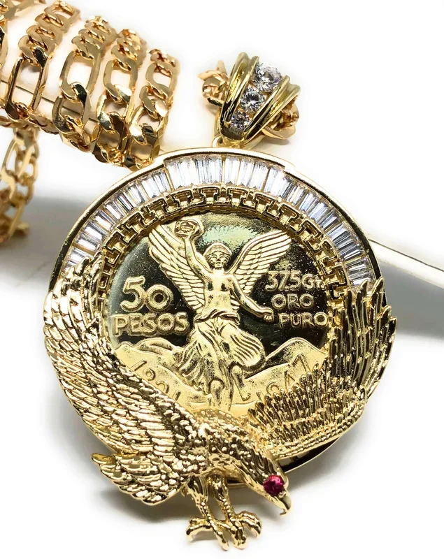 Gold Plated Coin Eagle Centenario Mexicano Moneda 50 Pesos Pendant Chain CZ Oro Cadena 26″
