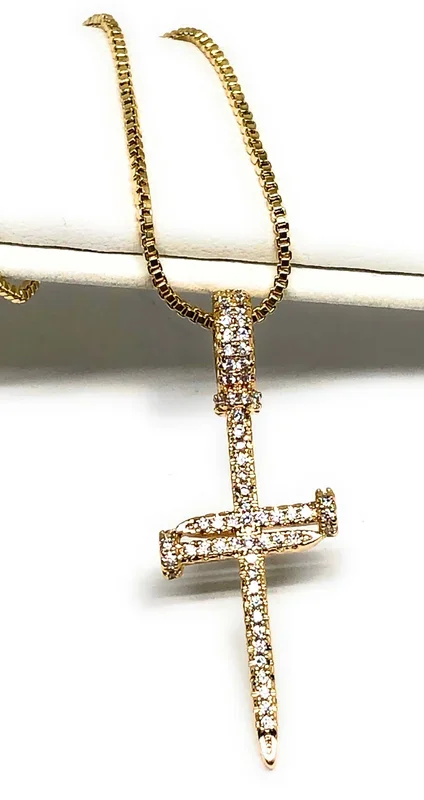 Gold Plated Cubic Zirconia Nail Cross 18” Necklace Cruz