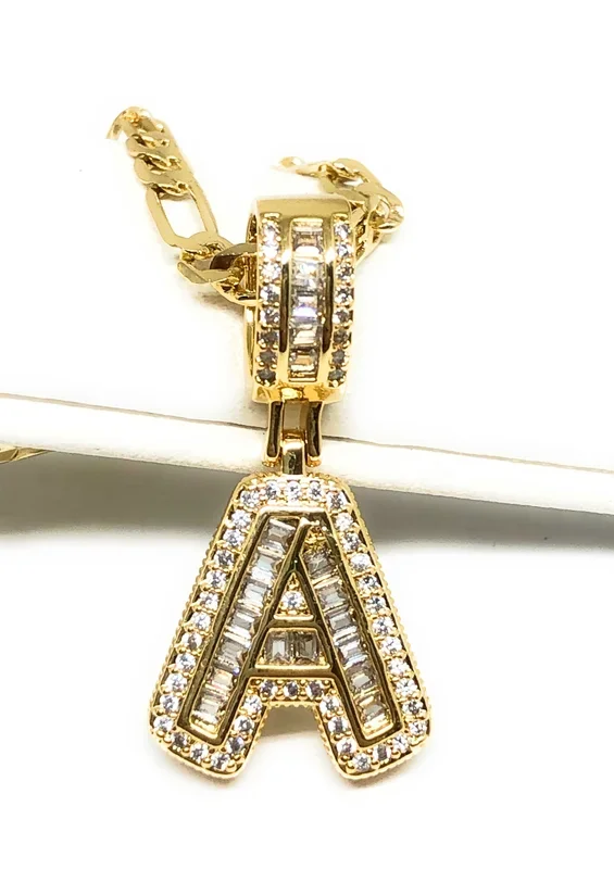 Gold Plated CUSTOMIZED CZ Block Initial Letter Pendant With 24″ Figaro Chain
