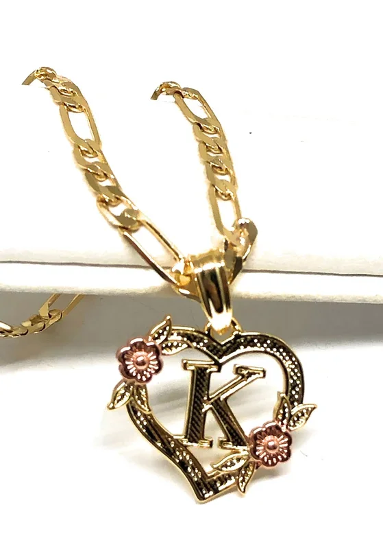 Gold Plated CUSTOMIZED Heart Flower Initial Letter Pendant With Figaro Chain 24″ 4mm