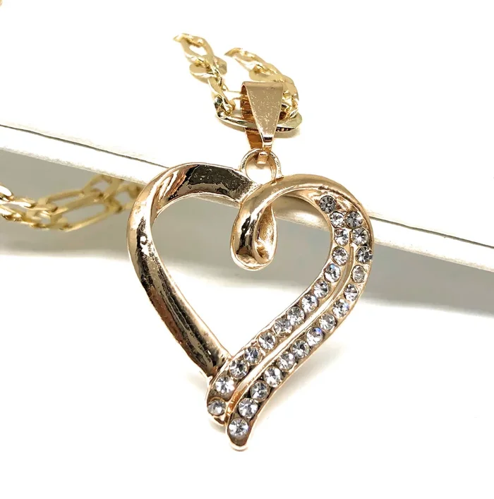 Gold Plated Heart CZ Pendant Necklace Chain 24” Corazon