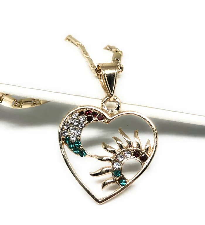 Gold Plated Heart Moon and Sun Necklace Rhinestones Necklace Pendant 24” Chain