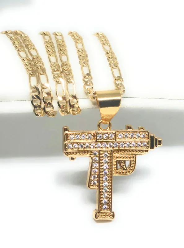 Gold Plated Iced Out CZ UZI MACHINE GUN MICRO PENDANT 24″ FIGARO Chain