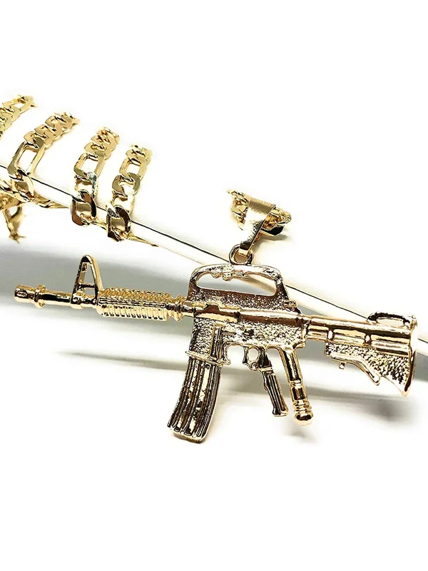 Gold Plated Machine Gun Pendant Necklace Figaro 26″ Cuerno de Chivo Medalla Oro Laminado
